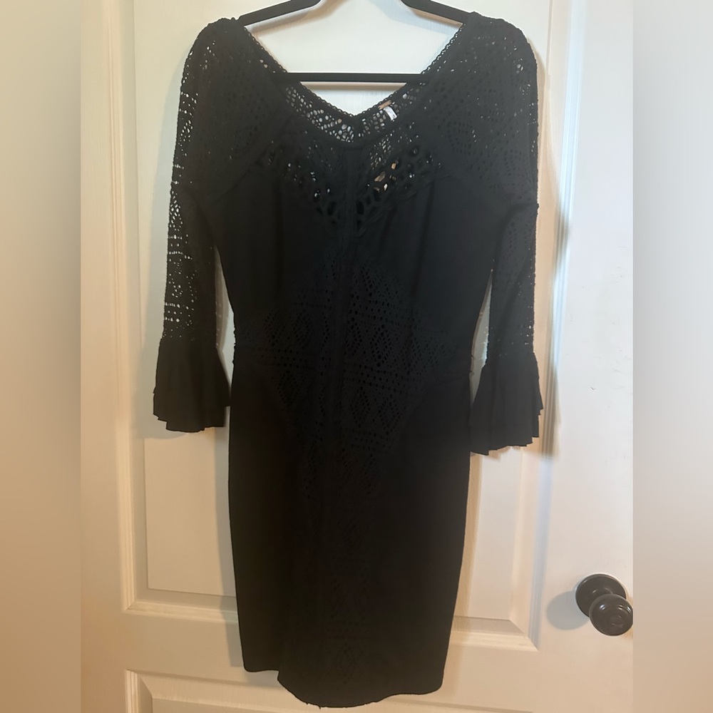 Free People Black V neck Crochet Midi Bell Sleeve Dress.  Size M